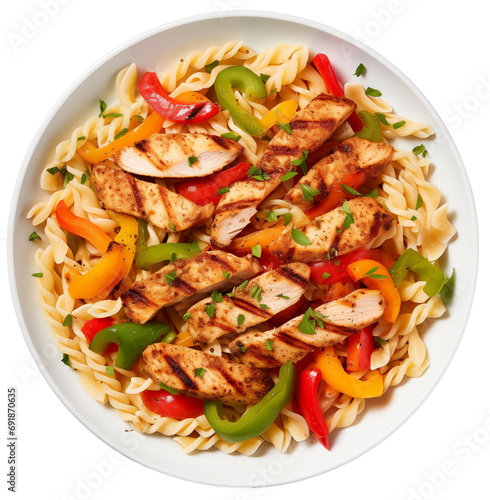 Cajun Chicken Pasta with bell peppers on a plate isolated on white background