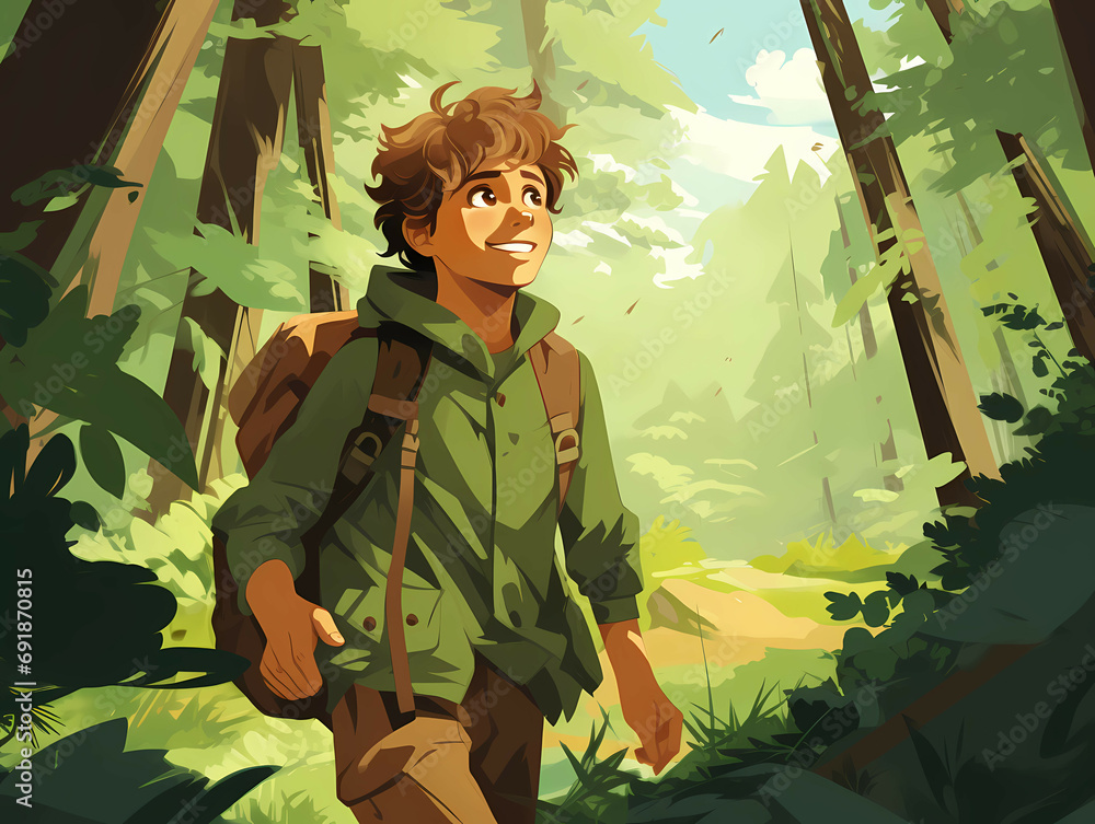 A Boy Who Hikes In Lush Green Forests, a cartoon of a boy walking through a forest.