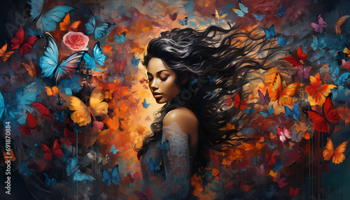 Creative Painted Background Mixed Media, a woman with long hair and butterflies.