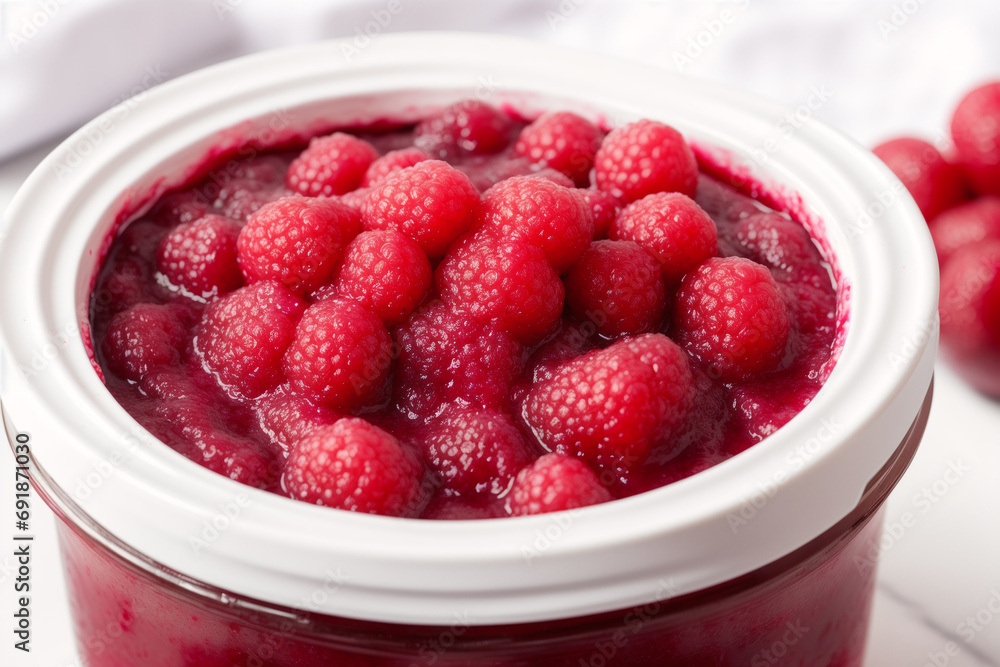 Raspberry jam in glass jars on a white background. Selective focus. Generative AI