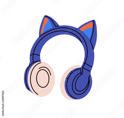 Cat-eared headphones. Wireless cordless head phones, modern cute design. Audio device, music accessory. Electronic sound equipment. Flat vector illustration isolated on white background