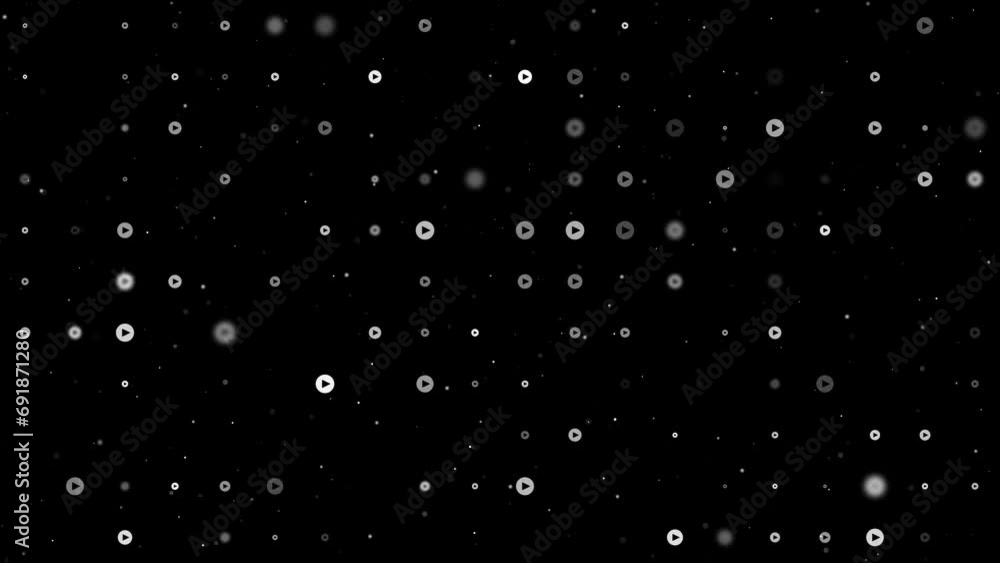 Template animation of evenly spaced play symbols of different sizes and opacity. Animation of transparency and size. Seamless looped 4k animation on black background with stars Template animation of evenly spaced play symbols of different sizes and opacity. Animation of transparency and size. Seamless looped 4k animation on black background with stars