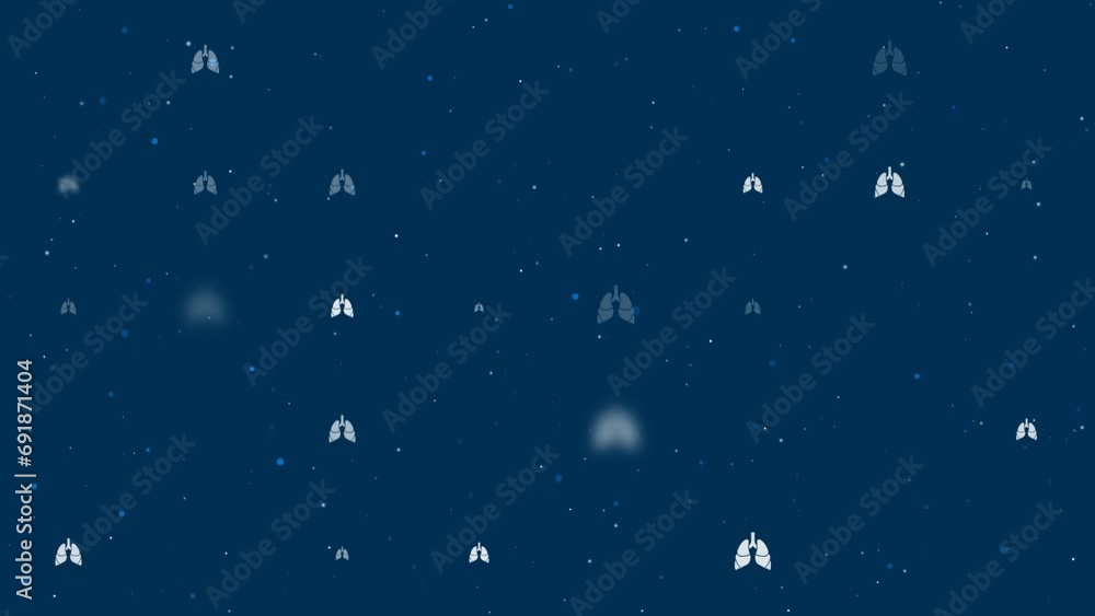 Template animation of evenly spaced lungs symbols of different sizes and opacity. Animation of transparency and size. Seamless looped 4k animation on dark blue background with stars Template animation of evenly spaced lungs symbols of different sizes and opacity. Animation of transparency and size. Seamless looped 4k animation on dark blue background with stars