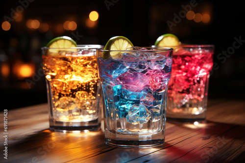 Colorful magic cocktails in a glass on a wooden table, neon lights on dark night background with lights 