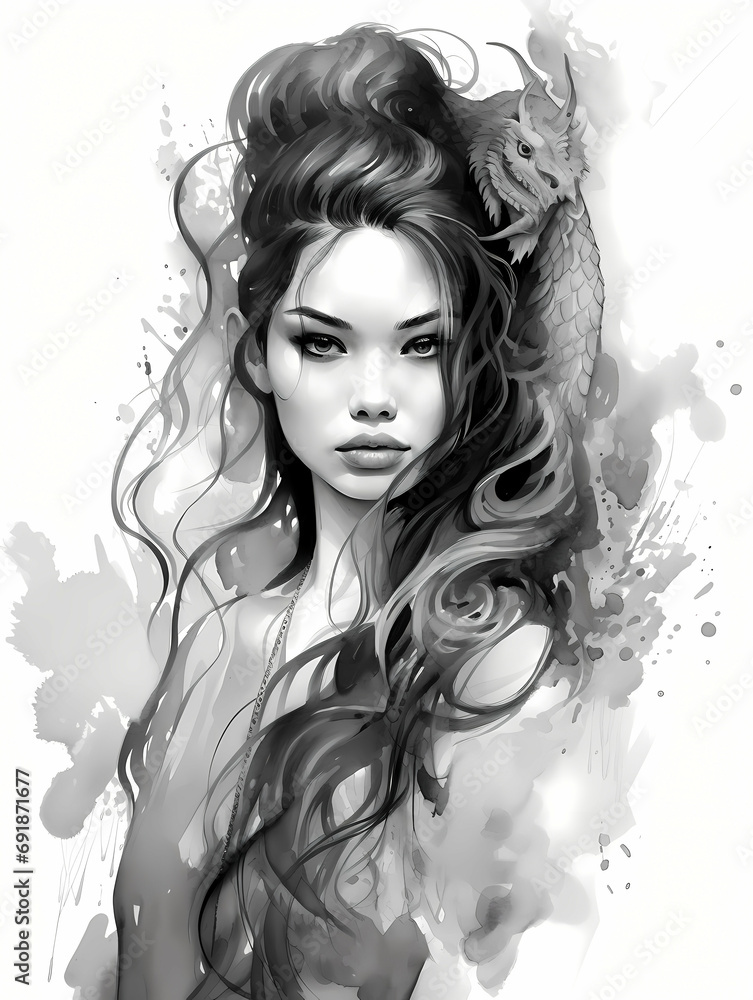 Chic Drawing Portrait Of A Beautiful Sumi-E, a woman with long hair and a dragon on her head. Chic Drawing Portrait Of A Beautiful Sumi-E, a woman with long hair and a dragon on her head.