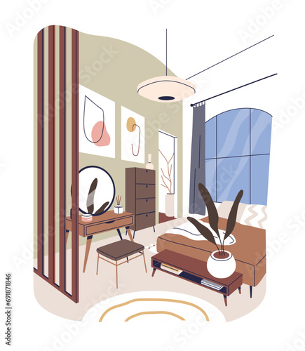 Bedroom, modern interior design. Home room with cozy bed, house plant, mirror...