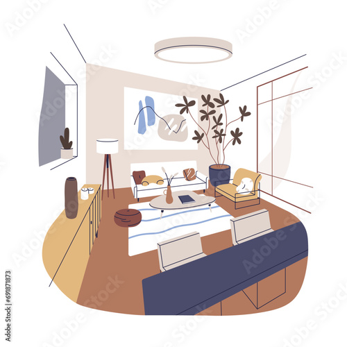 Living room interior design in modern retro style. Cozy home with trendy furn...