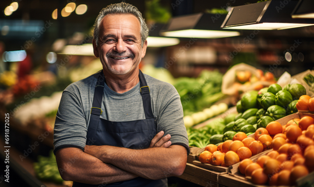 Friendly Mature Male Grocer with a Warm Smile Standing Confidently in His Store Full of Fresh Produce Friendly Mature Male Grocer with a Warm Smile Standing Confidently in His Store Full of Fresh Produce