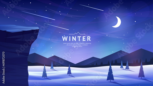Winter landscape. Fir trees in snowdrifts. Night sky, stars and moon. A cliff in the foreground. Silhouettes of mountain ranges. Design for background, cover, banner, postcard. Vector image.