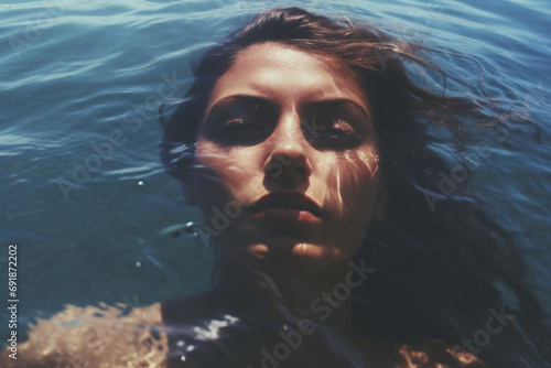 Girl lies in the water, hair in the water, eyes closed, closeup portrait