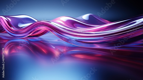 abstract background transparent glossy glass ribbon on water. Holographic curved wave in motion. Purple gradient.