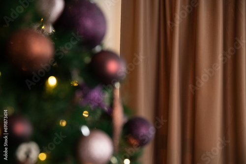 Christmas Tree with decorations and lights. Bokeh. Close up. photo