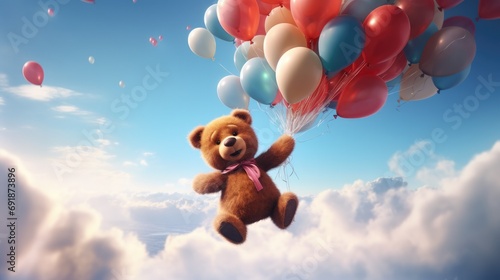 A 3D teddy bear in mid-air, carried away by a handful of balloons. photo