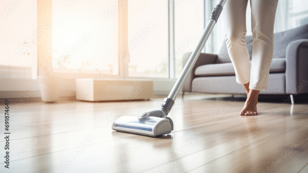 Housewife is cleaning room with Vacuum Cleaner at home Housewife is cleaning room with Vacuum Cleaner at home