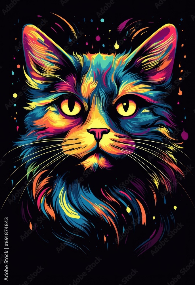 A vibrant cat universe with animated illustrations bursting with color, set against a black background. Generative AI.