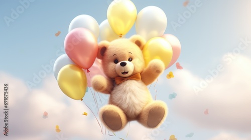 A fluffy 3D teddy bear with balloons in the shape of animals.