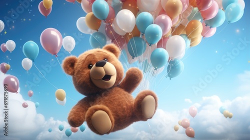 A lovable 3D teddy bear floating among balloons, bringing joy to all.