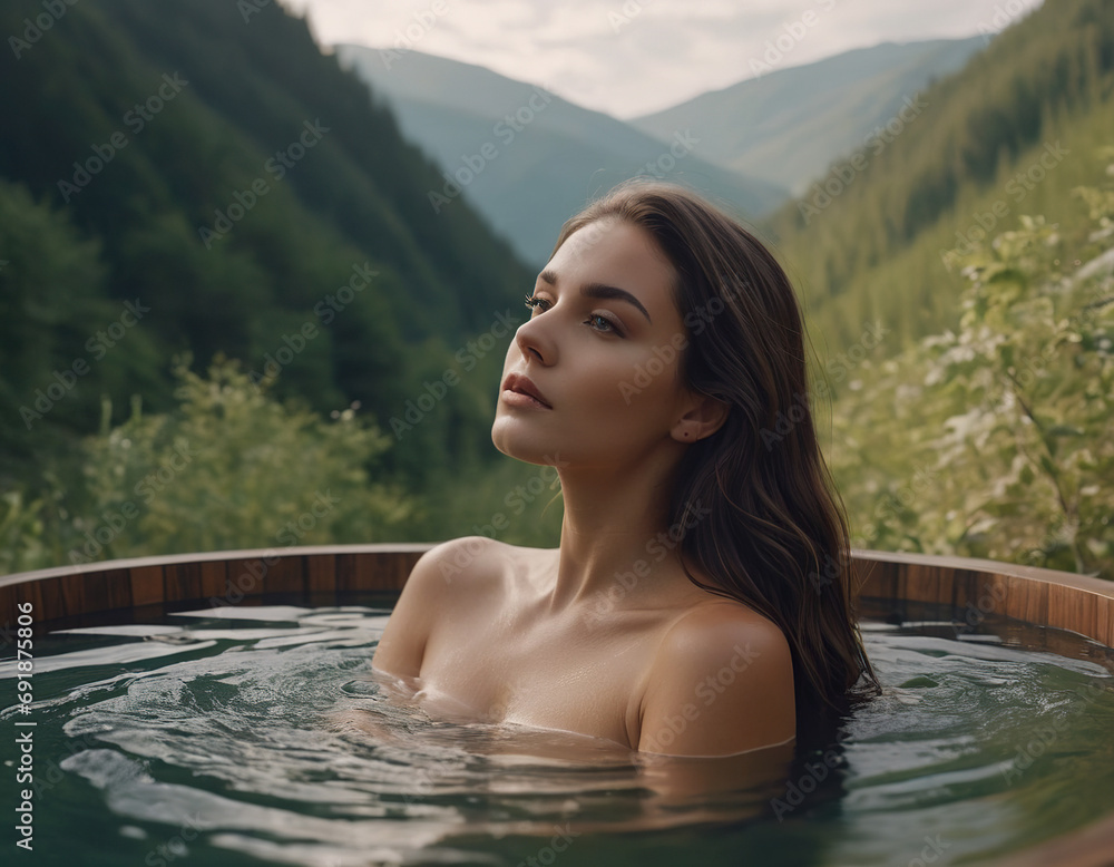 Tanned young girl in the pool. Mountain background. Tanned young girl in the pool. Mountain background.