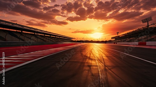 Asphalt road with drawn lines, empty racing track on sunset. Motorway for competition. Tire tracks. Concept of motor sport, racing, competition, speed, win, success, power