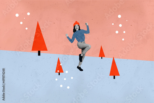 3d abstract creative artwork template collage of funny young female have fun outside park new year atmosphere christmas celebration x-mas
