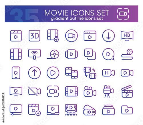 Movie Icons Bundle. Gradient outline icons style. Vector illustration