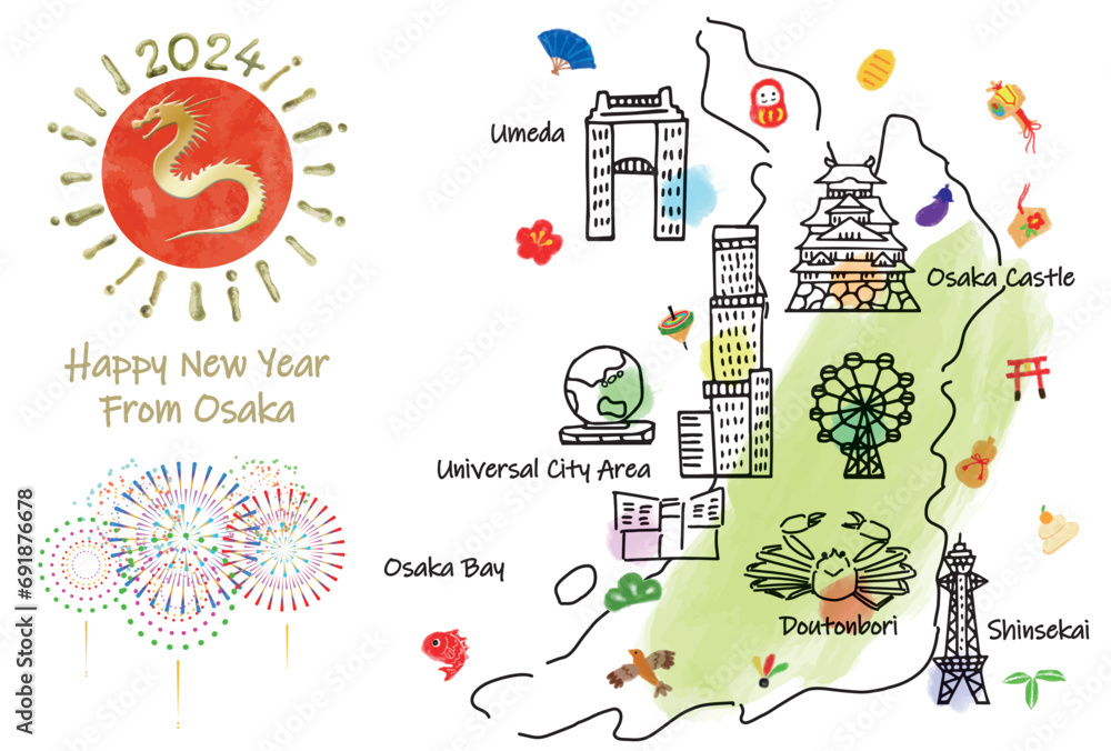 Naklejka premium 大阪の観光地のイラストマップ年賀状2024年