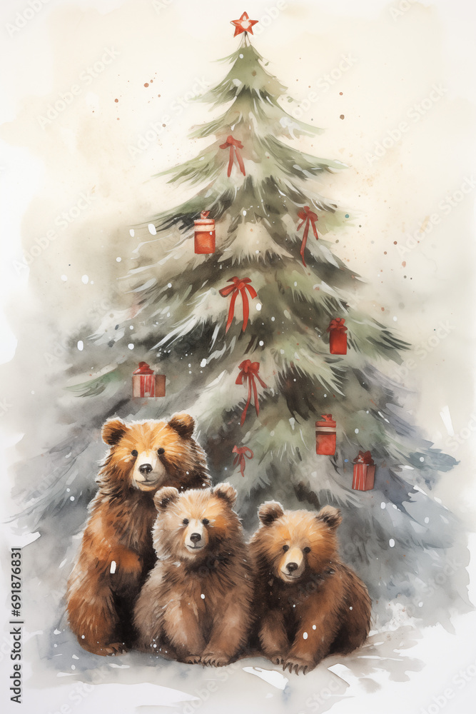 bears in forest, winter, christmas, tree bears in forest, winter, christmas, tree