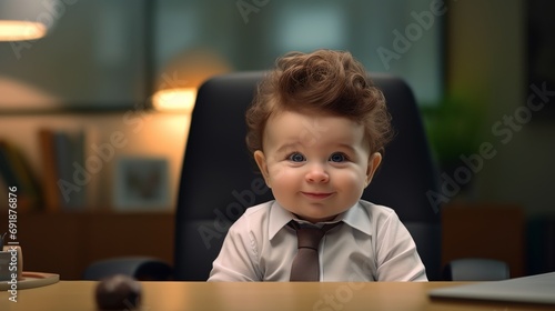 Child at work in the office sitting at the table. Happy baby at work. The kid looks like a manager