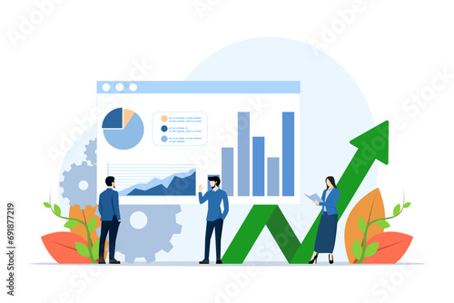 Data analysis concept. Online business analysis. team of businessmen is studying infographics. analyzing data, business analysis. Modern flat cartoon style. Vector illustration on white background