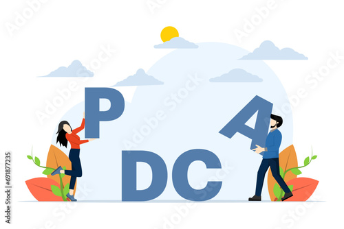 PDCA Cycle Concept, managing work processes for better improvement, Plan, Do, Check and Act Concept. pdca plans perform action checks with words or large texts and teams of people. vector illustration