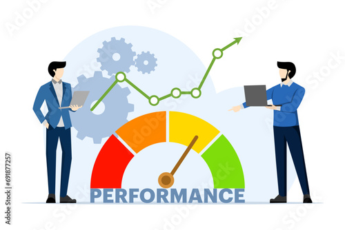 concept of performance appraisal or customer feedback, credit score or satisfaction measurement, quality control or improvement, businessman analyzing business performance indicators. photo