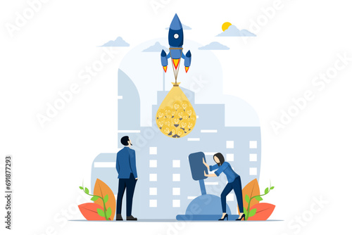 Concept of many ideas for starting a business. The process of starting a business project, ideas through planning and strategy, time management. an idea carried by many rockets. vector illustration.