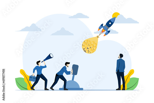Concept of many ideas for starting a business. The process of starting a business project, ideas through planning and strategy, time management. an idea carried by many rockets. vector illustration.