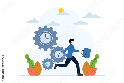 time management concept, office worker character running with clock and gears. Time limits and peak hours. Time organization efficiency. deadlines. Good business processes. office entry limit.