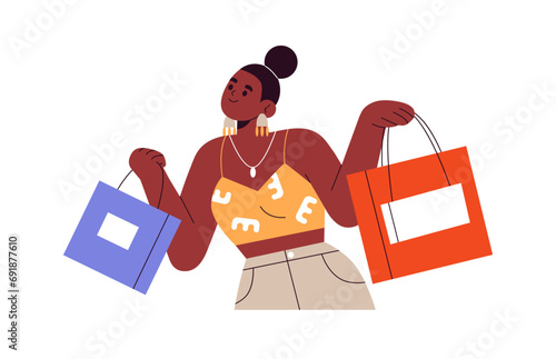 Woman shopper holding shopping paper bags. Young girl with purchases in hands, new fashion clothes. Female customer, consumer, buyer. Flat graphic vector illustration isolated on white background
