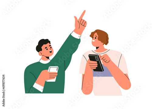 Friends holding mobile phones, talking, discussing and sharing ideas for social media. Happy excited young characters with smartphones. Flat graphic vector illustration isolated on white background