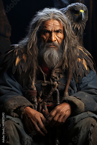 Portrait of a hunter with an eagle, vertical frame and close-up traditional hunting in the desert of Mongolia, time of travel and adventure, tourism postcard