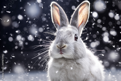 rabbit in snow, snowing, winter