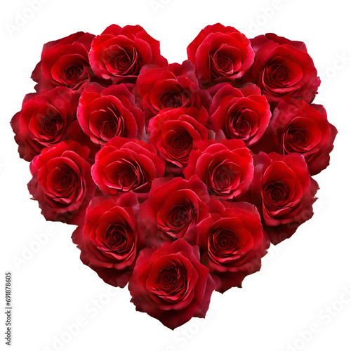 Heart shape made of red rose flowers.