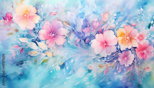 Bright Colorful Watercolor, a painting of flowers and leaves. © netsign