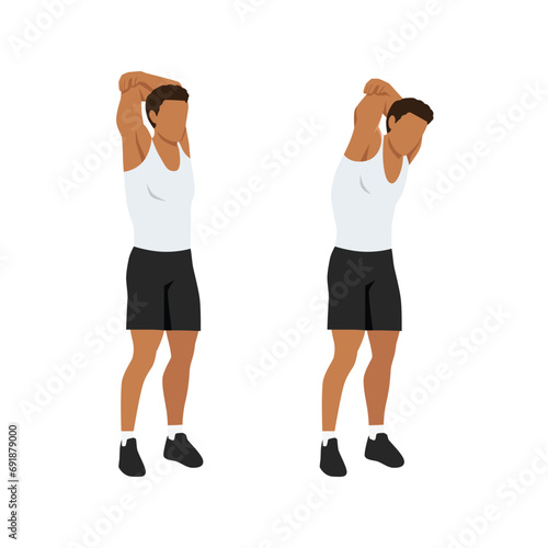 Man doing Standing reach up back rotation stretch exercise. Flat vector illustration isolated on white background