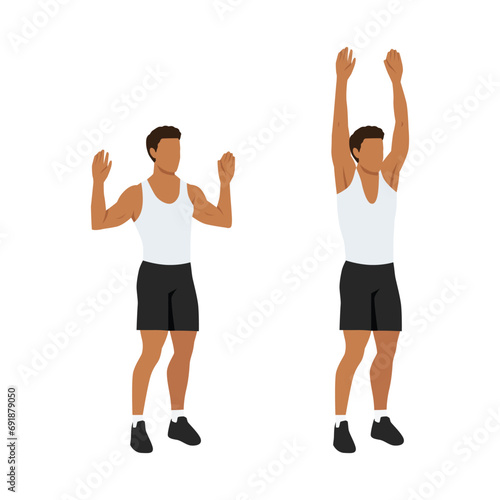 Man doing bodyweight military press. Overhead shoulder press exercise. Flat vector illustration isolated on white background