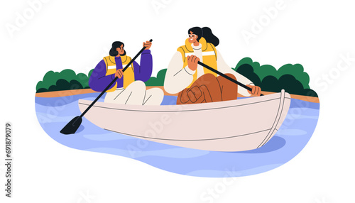 Women in boat on summer holiday. Girls friends rowing with paddles, floating on river, lake water in nature. Female characters, outdoor leisure. Flat vector illustration isolated on white background