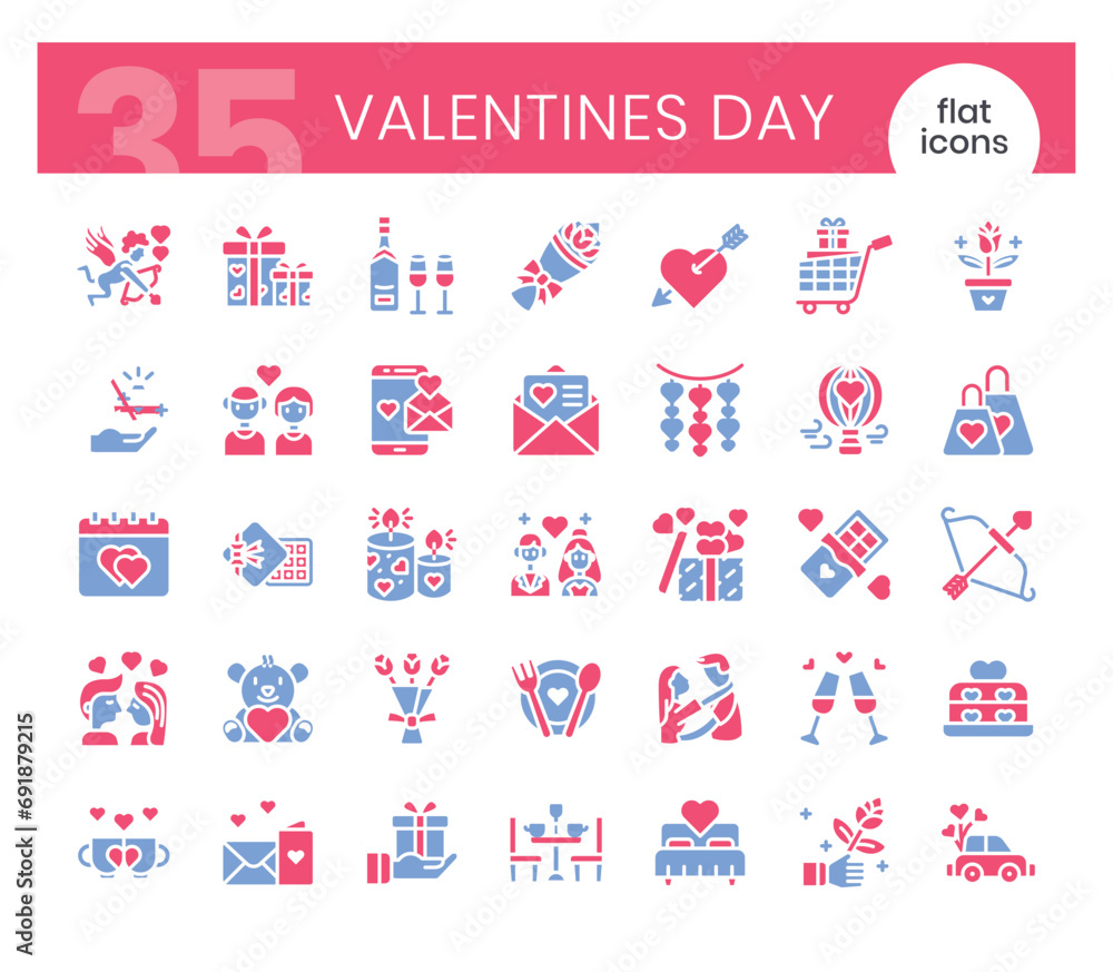 Obraz premium Valentines' day Icons Bundle. Flat two-colored outline icons style. Vector illustration