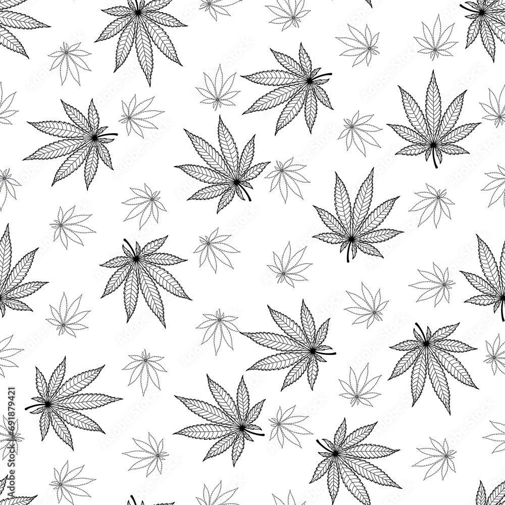 Cannabis line art leaves illustration seamless texture pattern. Marijuana leaf outline black and white 
 graphic style transparent background design template art blank.