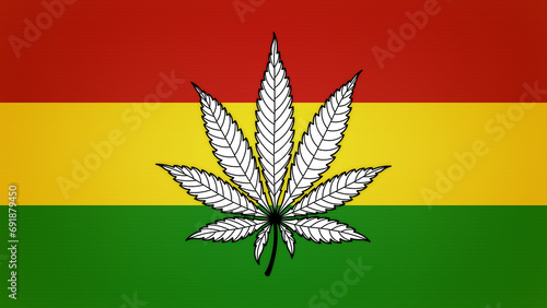 Cannabis leaf illustration on rasta flag background. Red yellow green marijuana leaf template design art back drop with place for text area