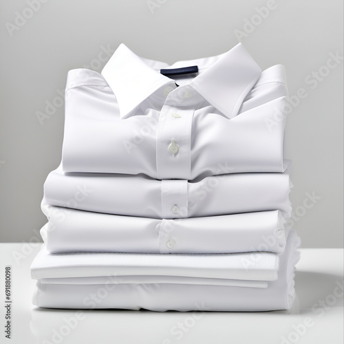 Clean fresh white shirts are stacked after washing