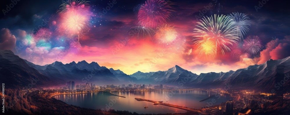 Night view on celebration of new year with colorful fireworks, panorama banner. Generative Ai.