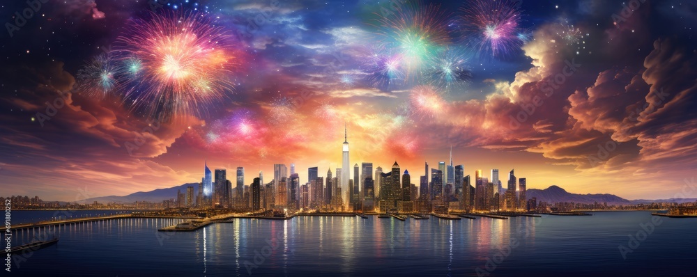 Fototapeta premium Night view on celebration of new year with colorful fireworks, panorama banner. Generative Ai.
