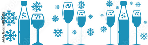 New Year's glasses with wine, champagne and crystal glasses with alcoholic in Christmas with snowflakes